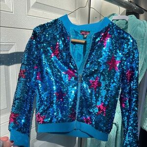 SZ M 7/8 NICKELODEON JOJO’S CLOSET Sparkling Blue Sequin Jacket with Pink Stars